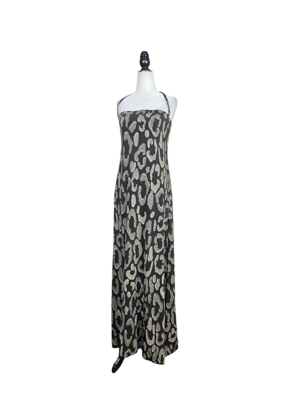 SHAN Resort ready jersey knit Gold leopard abstract print Halter/Tube Maxi Dress
